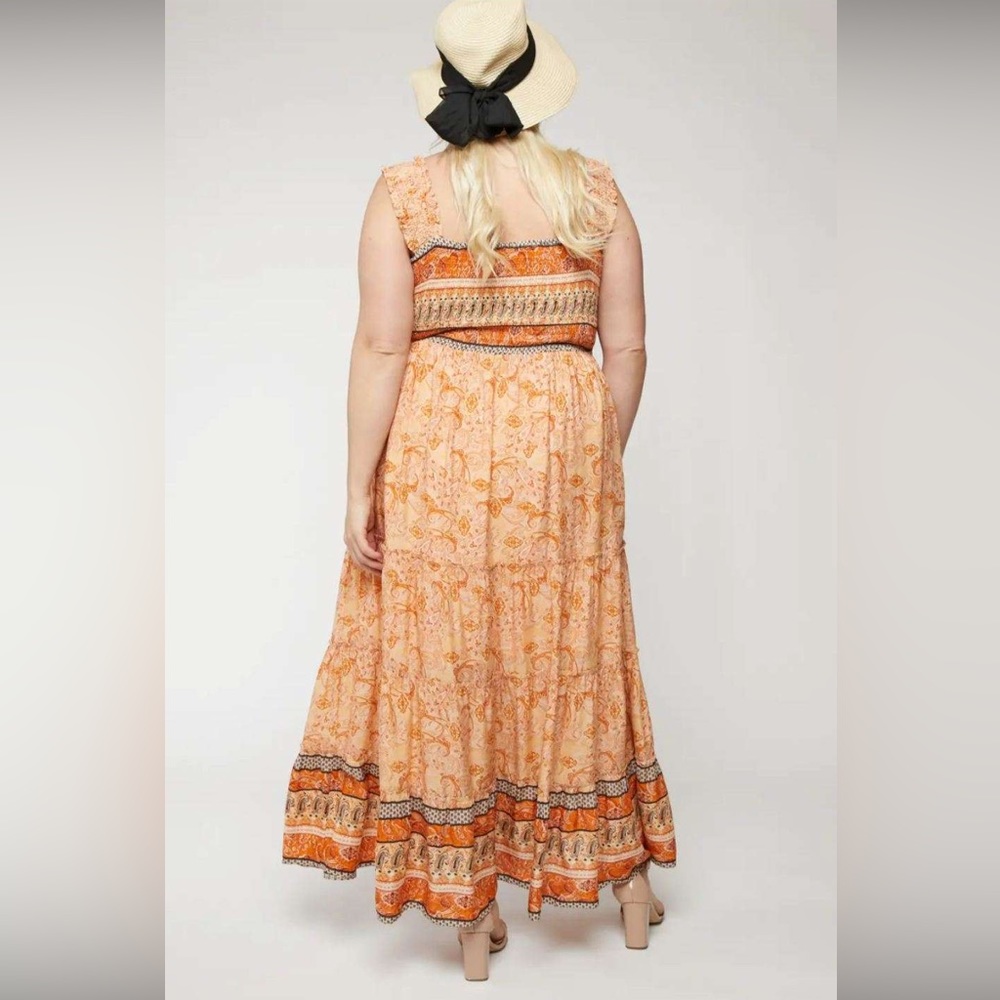 🔥New🔥 Plus Size Orange Printed Smocked Ruffle Sleeveless Maxi Dress (1X,2X,3X) - Picture 2 of 4